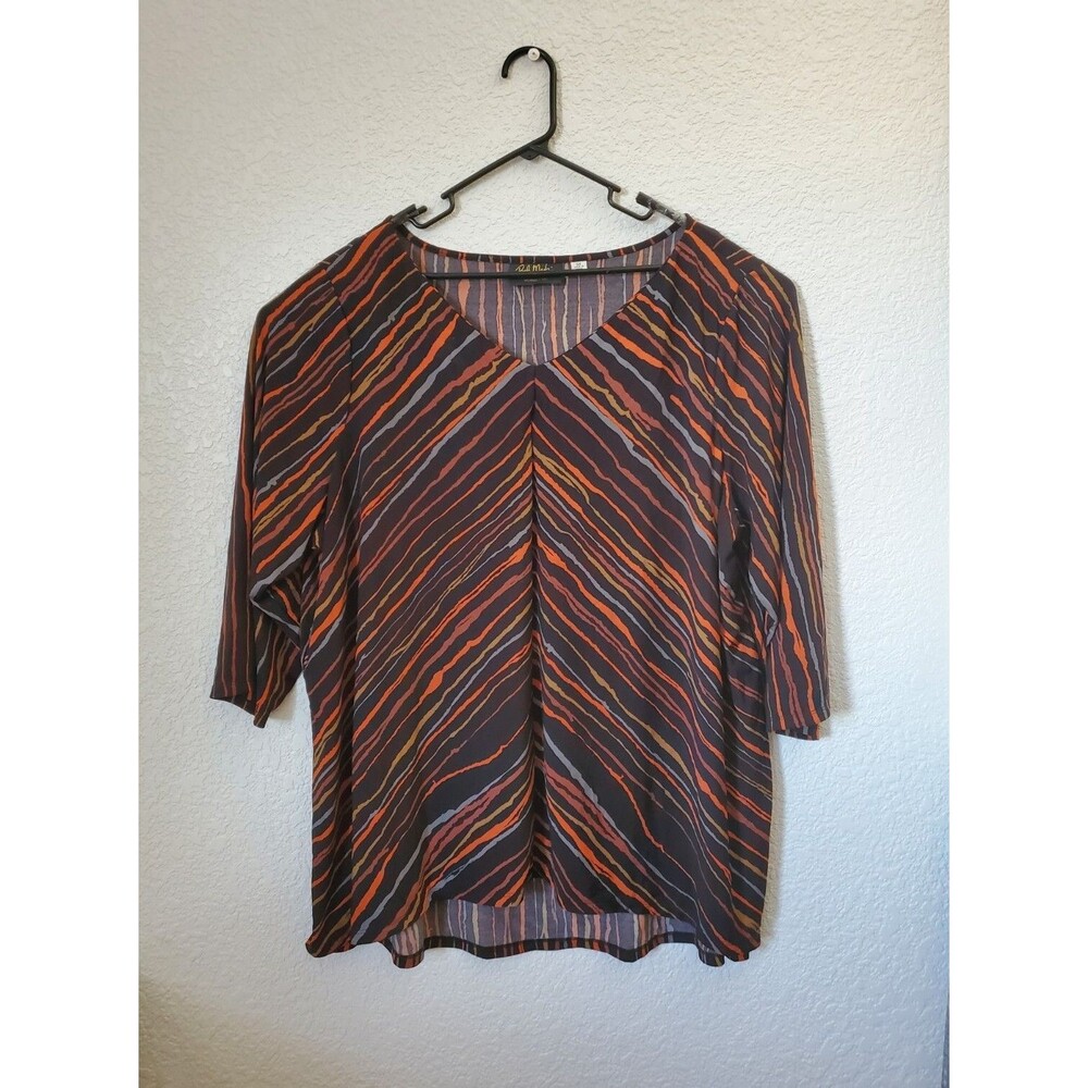 Bob Mackie Painterly Stripe V-Neck Top with Hi-Low Hem Size 3X Natural Multi
